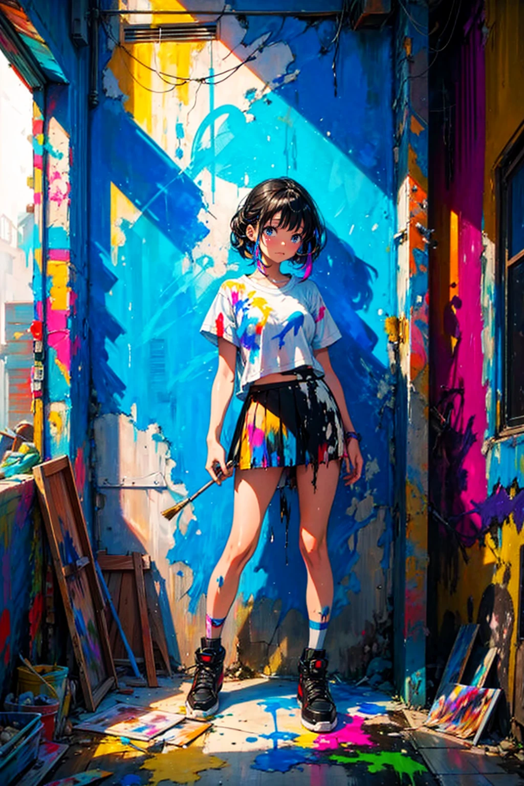 1girl,solo,cool,shirt and mini skirt,she has a brush,she is painting the wall,big paint,paint the whole wall,colorful,dynamic,intense,wild,crazy,dirty,in Derelict building