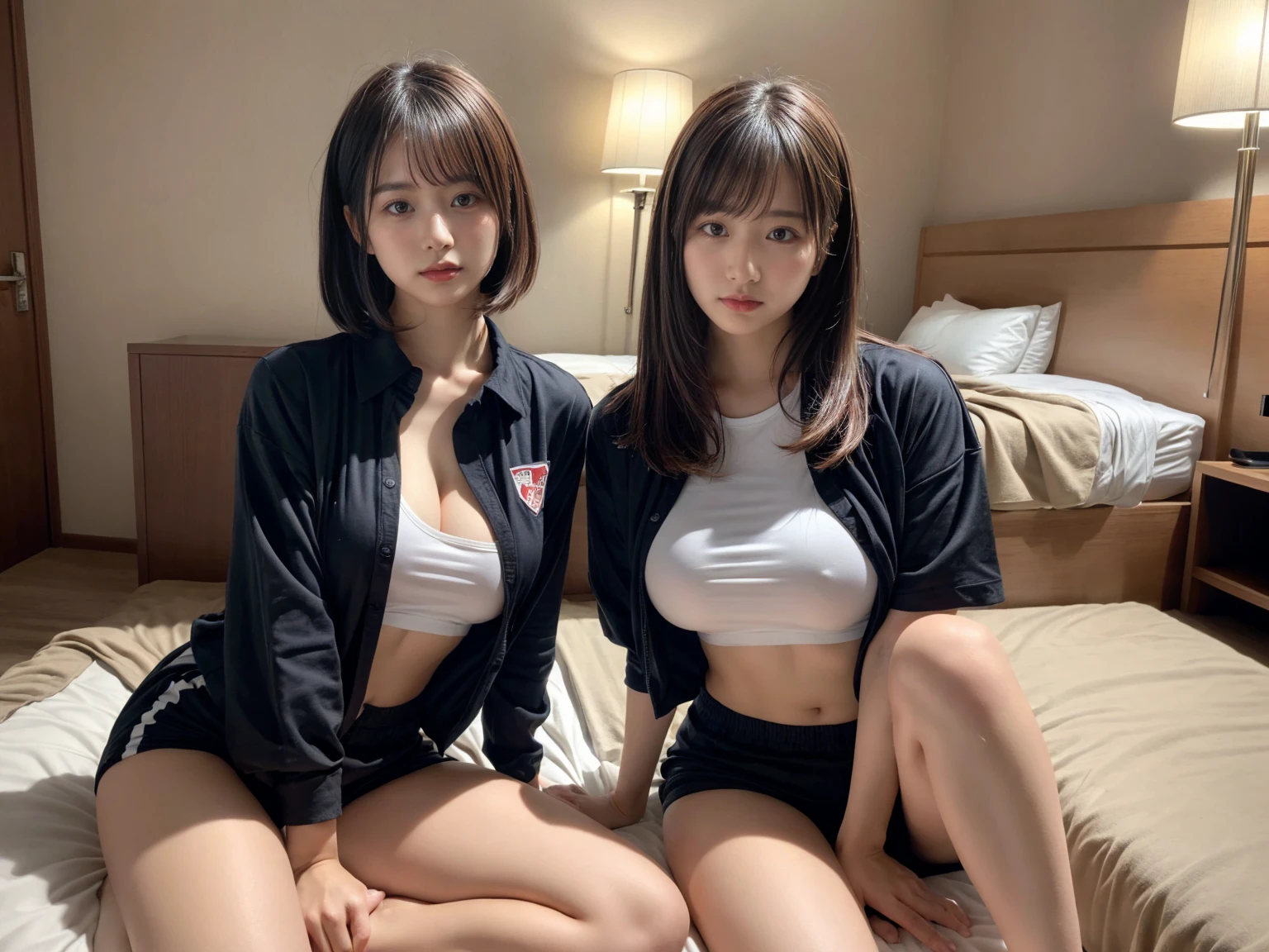 masterpiece, best quality, illustration, Super detailed, fine details, High resolution, 8K,wall paper, perfect dynamic composition,(Details High quality, realistic depiction of eyes:1.3), (2 girls), oversized sport shirt, shorts women, sitting, open legs, short bob hair, in a hotel room in the background, deep on field, large breasts, black hair color, Big Natural Color Lip, (perfect body shape), crying a little、Harajuku style、20 year old girl、cute type、beautiful legs, Gravure Idol