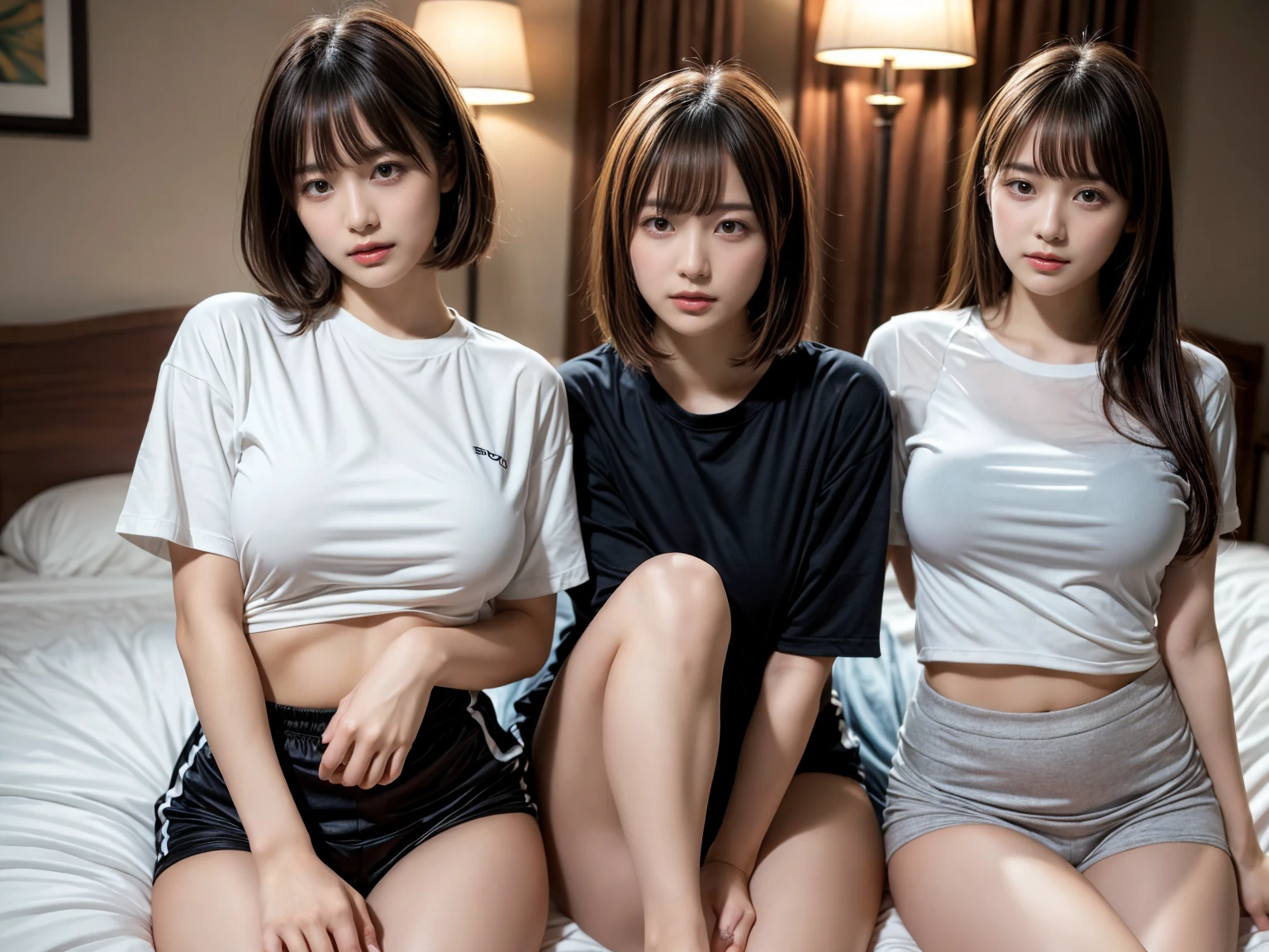 masterpiece, best quality, illustration, Super detailed, fine details, High resolution, 8K,wall paper, perfect dynamic composition,(Details High quality, realistic depiction of eyes:1.3), (2 girls), oversized sport shirt, shorts women, sitting, open legs, short bob hair, in a hotel room in the background, deep on field, large breasts, black hair color, Big Natural Color Lip, (perfect body shape), crying a little、Harajuku style、20 year old girl、cute type、beautiful legs, Gravure Idol