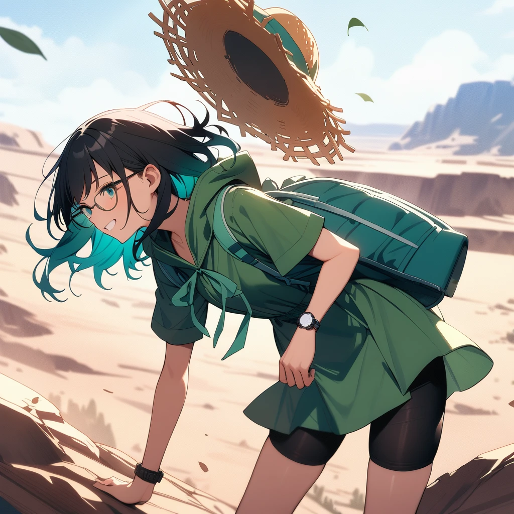 (masterpiece),(best quality),very aesthetic,(ultra-detailed),Collapsed civilization,(on top of the hill),nsfw,1girl,25yo,slender,tall,medium hair,black hair,natural wave hair,flipped hair,dark green eyes,comfortable,grin,(glasses,straw hat with leaf color ribbon:1.2),carrying a aqua blue rucksack, (thigh-high parka dress with gradient earth color,black bike shorts),short sleeves,Sneaker Shoes,short orange socks,broken wristwatch,a big crater in the wilderness,standing,leaning forward,wind,summer,from side,cowboy shot,looking away