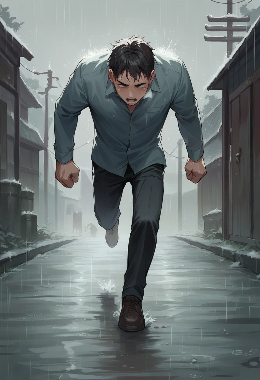 (Square in front of the station:1.5), A man running, in rain and mist,
A person exhaling visible breath in the cold,