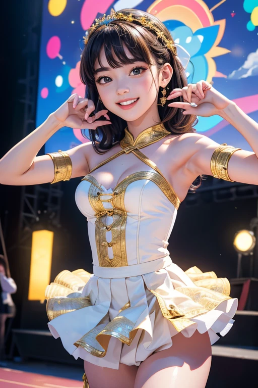 (Highest quality、 8k 、masterpiece、High resolution)、Full Body Shot、15 year old girl、Idol、cute、Dancing with a smile、Outdoor Stage、AKB48 Costumes、Realistic、Realistic、Official Art、Detailed CG、Professional Lighting、Professional photographer、