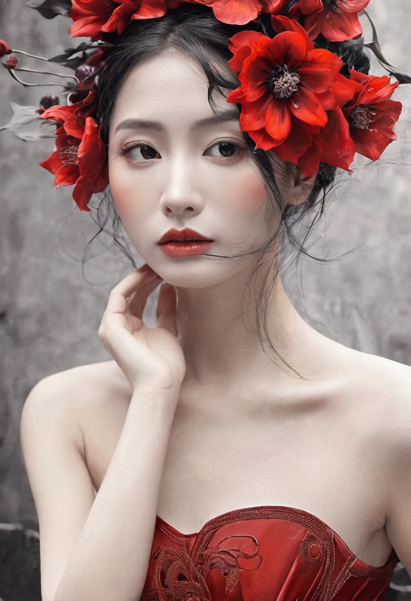 (masterpiece, best quality:1.2), 1 girl, alone,beautiful face，Red Reminimalist Art Nouveau，illustration style，black and red，flowers