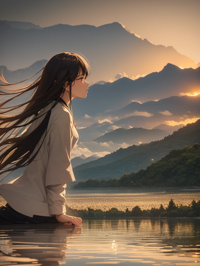 Highest quality, masterpiece, extremely detaileded, detaileded background, detaileded eyes, anime, One girl, Beautiful Eyes, Young girl, Long Hair Girl, Expressive Face, kimono, Retro, 富士山のWind景, Outdoor, sunset, Beautiful sky, Picnic on the lake, Wind景, scenery, horizon, Mountain Sitting near the mountain, Wind, petal, spring, avert your eyes, Atmospheric lighting, reflection, Naturalistic, detailed, realism. relaxation, beauty, Focus Only, close, From the side, Depth of written boundary, Bokeh