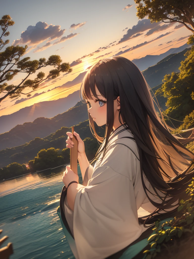 Highest quality, masterpiece, extremely detaileded, detaileded background, detaileded eyes, anime, One girl, Beautiful Eyes, Young girl, Long Hair Girl, Expressive Face, kimono, Retro, 富士山のWind景, Outdoor, sunset, Beautiful sky, Picnic on the lake, Wind景, scenery, horizon, Mountain Sitting near the mountain, Wind, petal, spring, avert your eyes, Atmospheric lighting, reflection, Naturalistic, detailed, realism. relaxation, beauty, Focus Only, close, From the side, Depth of written boundary, Bokeh