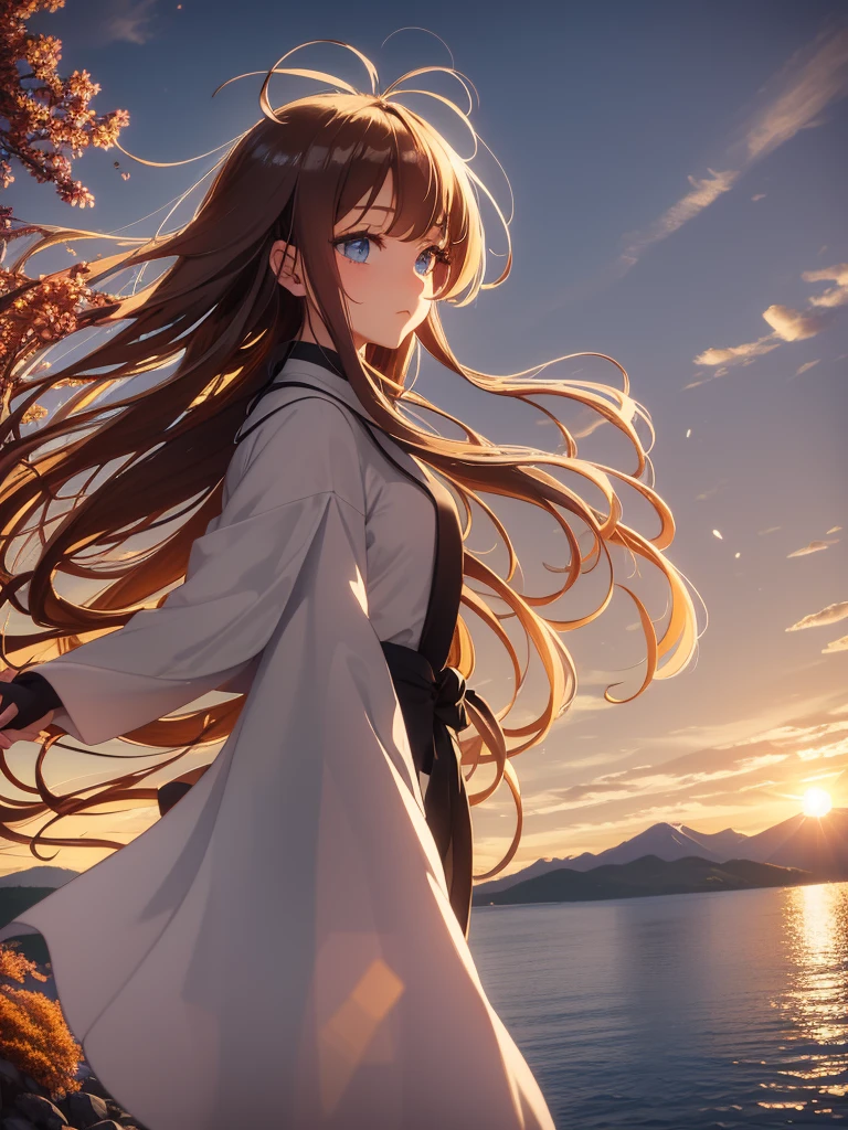 Highest quality, masterpiece, extremely detaileded, detaileded background, detaileded eyes, anime, One girl, Beautiful Eyes, Young girl, Long Hair Girl, Expressive Face, kimono, Retro, 富士山のWind景, Outdoor, sunset, Beautiful sky, Picnic on the lake, Wind景, scenery, horizon, Mountain Sitting near the mountain, Wind, petal, spring, avert your eyes, Atmospheric lighting, reflection, Naturalistic, detailed, realism. relaxation, beauty, Focus Only, close, From the side, Depth of written boundary, Bokeh