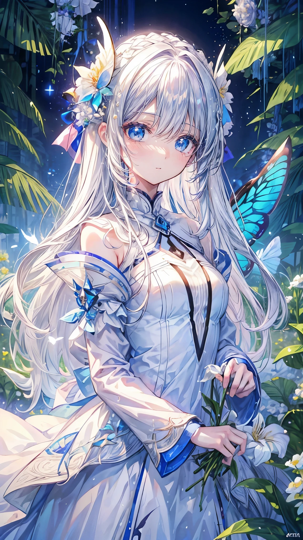 (Mastepiece), (Best Quality), Very detailed, 1 girl, (Solo Shooting:1.4), Perfect Face, beautiful girl, Very detailedな顔,(Long white hair:1.5),(Blue eyes:1.4),(White Dress:1.4)、(Lots of butterflies々:1.4)、bird、(ruins、Plants、flower:1.4)、Fairy、mysterious、Fantasy、beautiful、beautiful、(Close your eyes and laugh:1.3)、(Happy Face:1.4)、A big smile