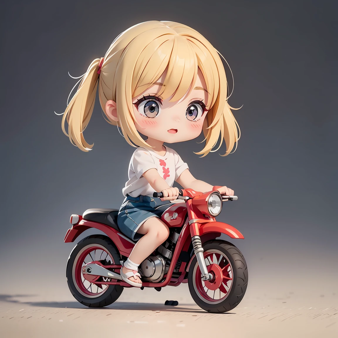 Super Chibi Character:1.8、wearing cute sandals、All-over simple and light color background:1.8、Blonde Hair、Cute 7 year old girl、Random cute outfits、Super Chibi Character:1.8、Riding a cute bike:1.8、Riding a cute bike:1.8