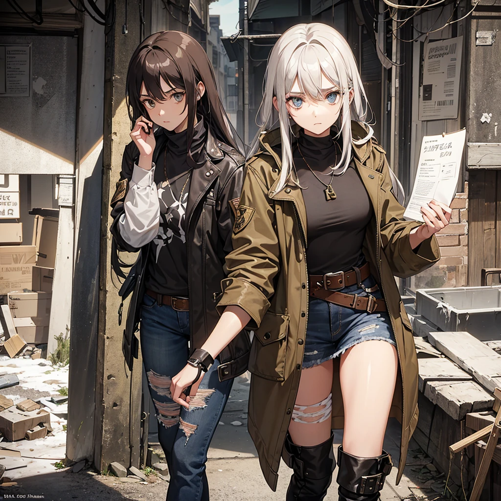 A character design sheet of a young woman who survived an apocalypse. She has long, unkempt dark brown hair with some prematurely gray streaks due to stress and lack of care. Her eyes are an intense green, with a determined and alert gaze. Her skin is pale and full of scars, evidence of her harsh post-apocalyptic life. She wears worn and patched clothing: a distressed brown leather jacket, a gray shirt with holes, ripped jeans, and sturdy military boots. Around her, there are small details that show her life in a destroyed world: a belt with improvised tools, a rusty knife, and a small amulet she wears around her neck, a reminder of her past life.