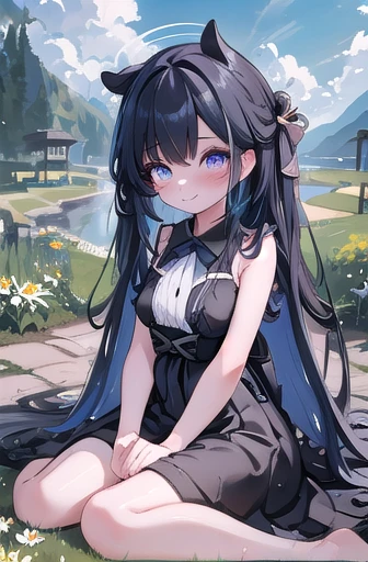 (masterpiece, Highest quality:1.2), One girl, alone, Have, blue eyes, flower, Long Hair, dress, chest, Black Hair, chestの谷間, large chest, straw Have, Sitting, Day, Grass, sundress, null, sketchbook, pencil, smile, Outdoor, sun Have, Field, water, ribbon, Exposing shoulders, Daisy, cloud
