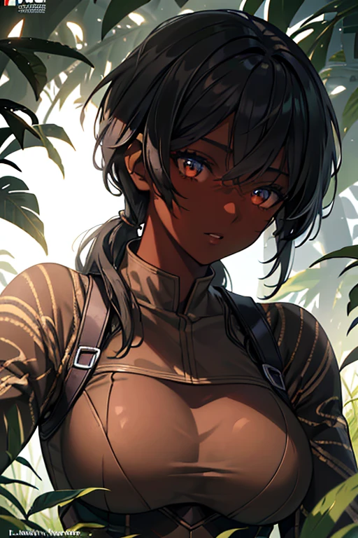 amazing detailed portrait of a dark-skinned ebony woman, wearing camouflage military uniform, with extremely detailed and realistic large breasts, beautiful detailed eyes, beautiful detailed lips, extremely detailed face, longeyelashes, strong muscular body, action pose, outdoor jungle background, cinematic lighting, dramatic shadows, rich colors, photorealistic,8k,highdefinition,artstation
