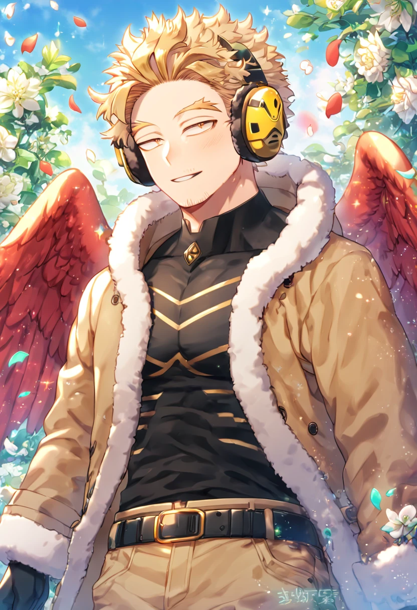 Ultra detailed, HDR, Highres, absurdres, master piece, Hawks, ash blonde hair, expressive golden-brown eyes, faint stubble, red wings, brown coat with fur, black tight shirt, black belt, brown pants, black gloves, yellow visor, earmuffs, Boku No Hero Academia, sexy man, handsome, flowers, petals, fantasy, magical, green leaves, summer, handsome, sensual, best quality, glittering, solo, 