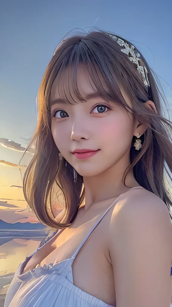 1 girl, masterpiece, Very detailed, (Beautiful and delicate shine), Lens flare, Gray Hair, Medium Long Hair, Floating Hair, think return, return, return, smile, blue eyes, White Dress, Big Breasts, Upper Body, Wide Shot, , ((Uyuni salt lake)), sunrise, cloud, returnlight, Purple Sky, Yellow Sky, Gradient Sky, ,Huge breasts,Looking at the audience
