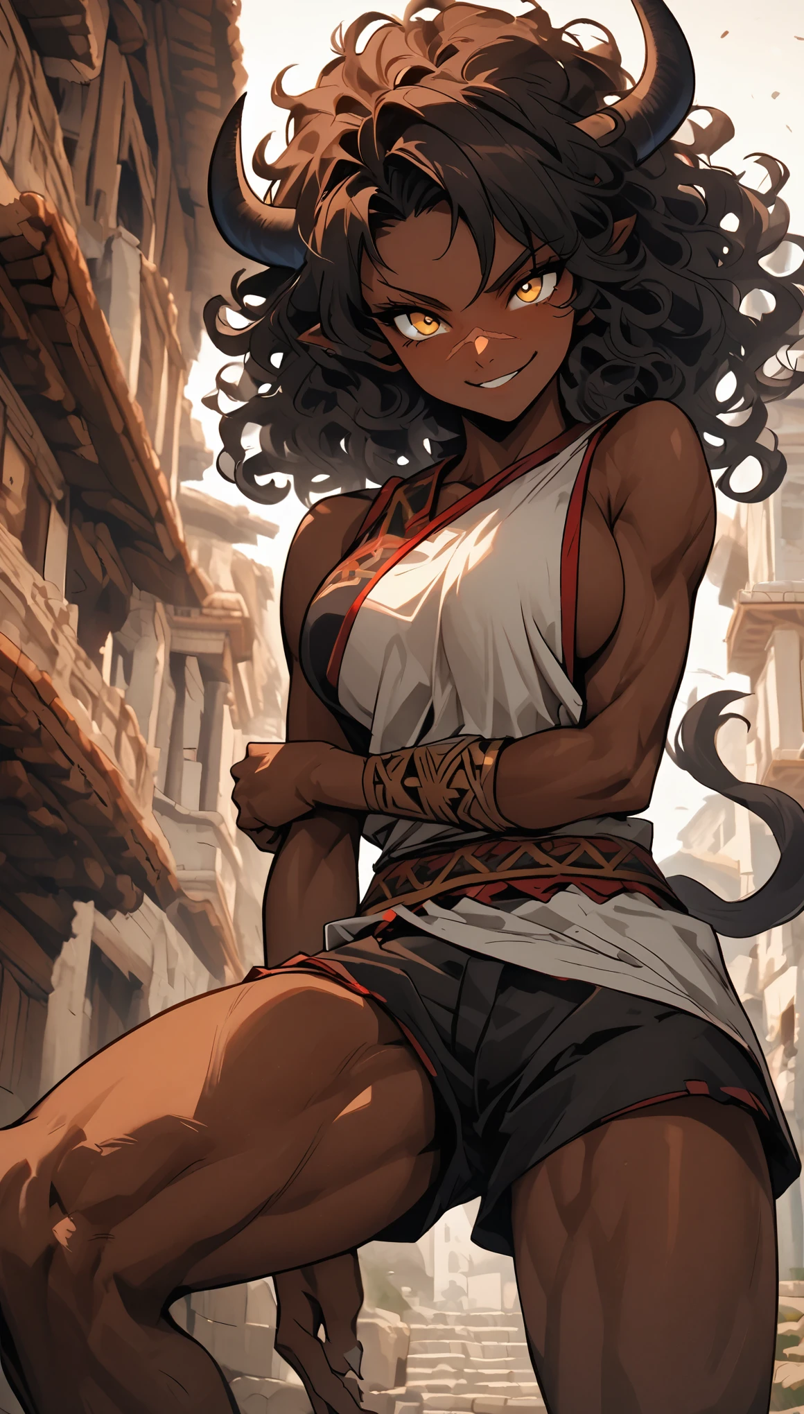 solo, female, close up, deep brown skin, muscular, golden eyes, wild hair, black hair, medium hair, ponytail, curly hair, broad shoulders, curved black horns, very tall, large breasts, simple tight medieval shirt, tight-fitting shorts, medieval, town, cow tail:1.4, furry leg below the knee, minotaur girl, tomboy, cocky smile, young