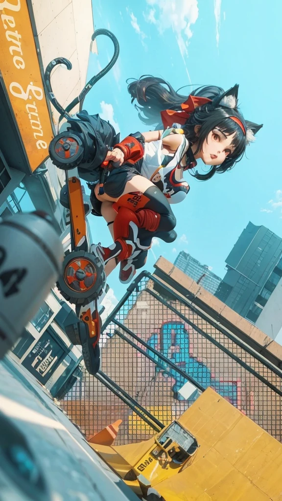 Fullbody 128k Bluray Extreme UHD 4K High quality anime image. My attention is drawn to a cute cat women with long black hair. She has cat ears. She wears a red a white top with black short shorts. She wears a red head band and a round bell on her neck.” Rendered in stunning 4K and UHD resolution using Octane Render CGI technology, everything comes to life in a mesmerizing 16K masterpiece, with an aura fascinating and high level of detail, anime illustration with cute look in eyes, cyber punk illustration, cute girl with cat ears and long black hair wearing a red head band, a red and white sleeveless shirt with black short shorts, 4K, UHD, Ultra HD 4K image, extremely fascinating shimmering light, intricate details , extremely detailed, incredibly detailed.