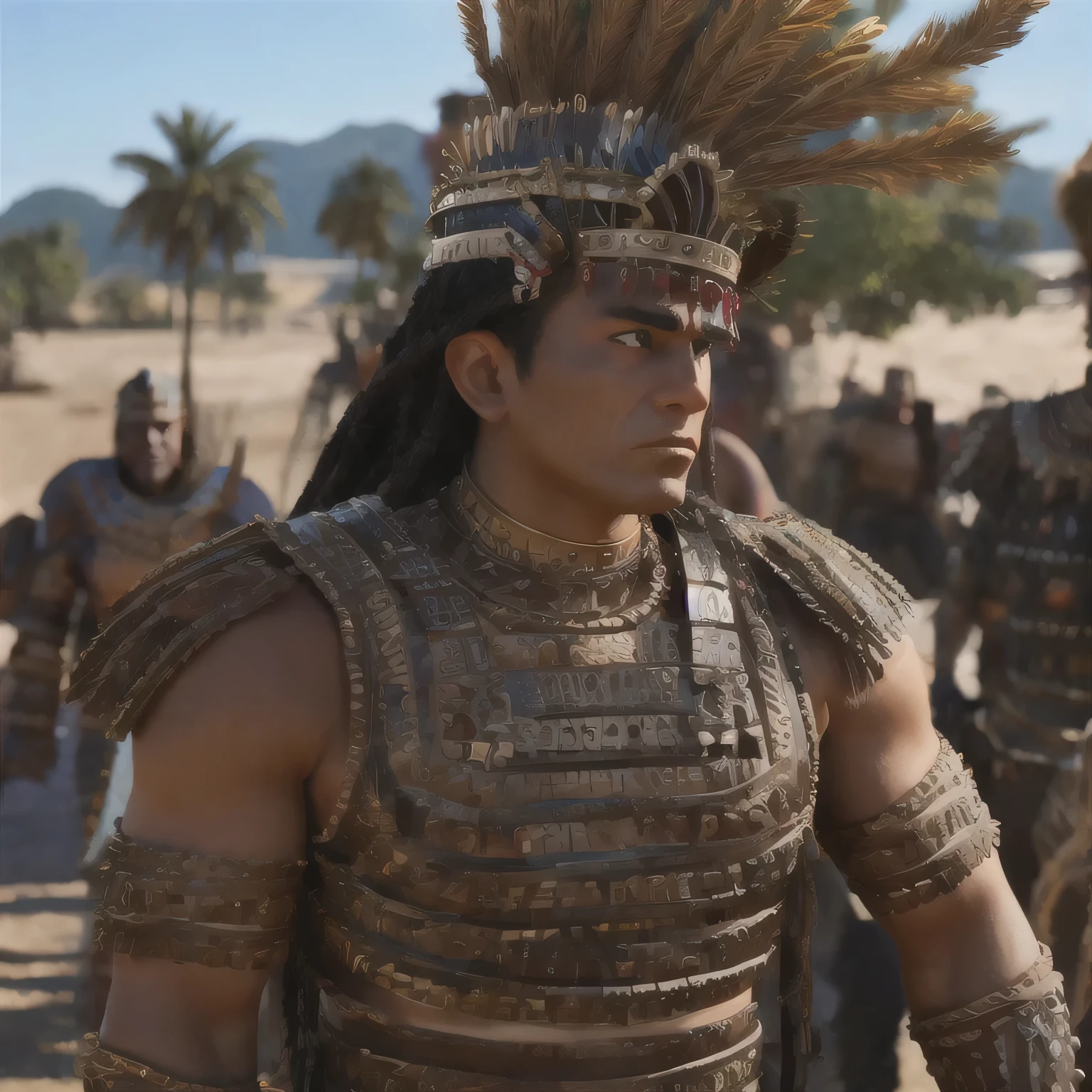 A man in costume、Close-up of man wearing large headdress, Revelation, movie still of aztec cyborg, mayan jaguar warrior, scene from live action , wearing tribal armor, mexican warrior, still from a live action movie, Mohawk, an aztec warrior, an an aztec warrior, an aztec warrior, still from a fantasy movie, Movie screen shot,