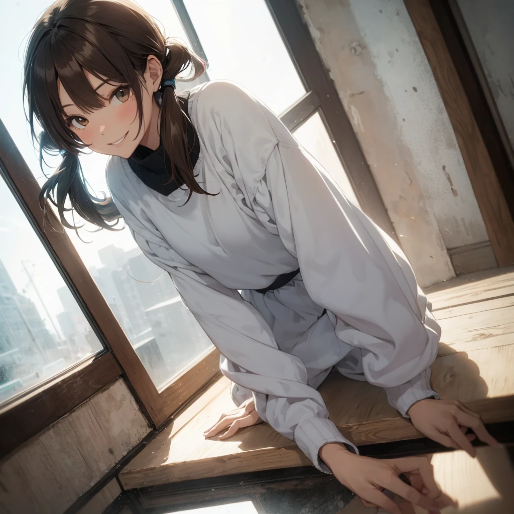 drawing of a woman in a white outfit looking out a window, 1girl, solo, twintails, dutch angle, skirt, long hair, long sleeves, day, brown hair, white sweater, smile, denim,