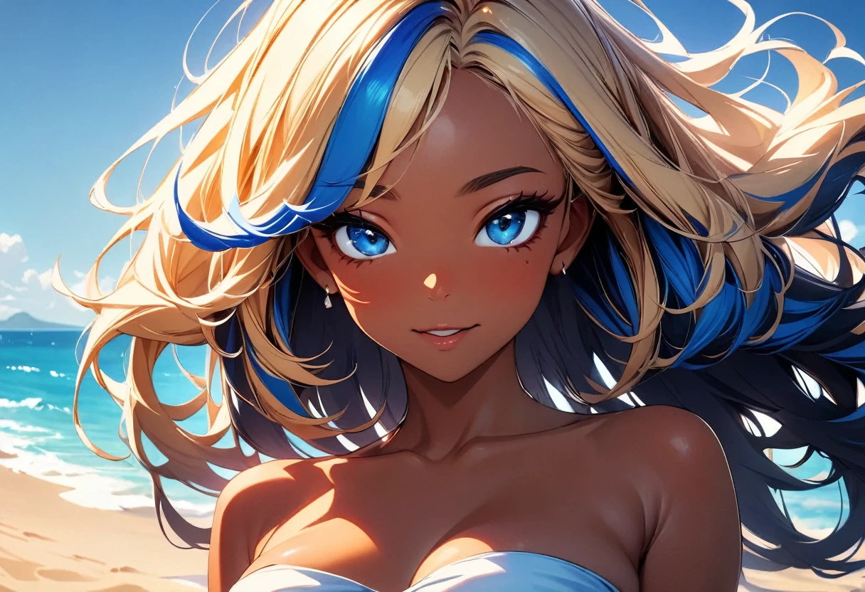 (highest quality:1.2, Very detailed, up to date, Vibrant, Ultra-high resolution, High Contrast, masterpiece:1.2, highest quality, Best aesthetics), Portraiture、girl、slim, Bright colors、bandeau bikini, beach, blue ocean, blue sky, Beautiful fine details、Beautiful lip detail、long hair, ((wavy hair:0.4))、messy hair, blonde and blue ((streaked hair:1.3)), highlights hair: 1.3, (medium breast:1), (tan skin:1.3), happy:1.8 , (upper body:1.4), close-up face, looking viewer