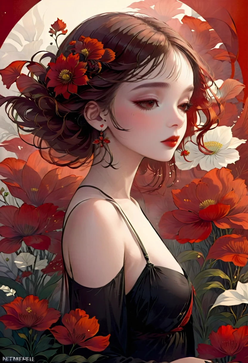 (masterpiece, best quality:1.2), 1 girl, alone,beautiful face,Red Reminimalist Art Nouveau,illustration style,black and red,flowers