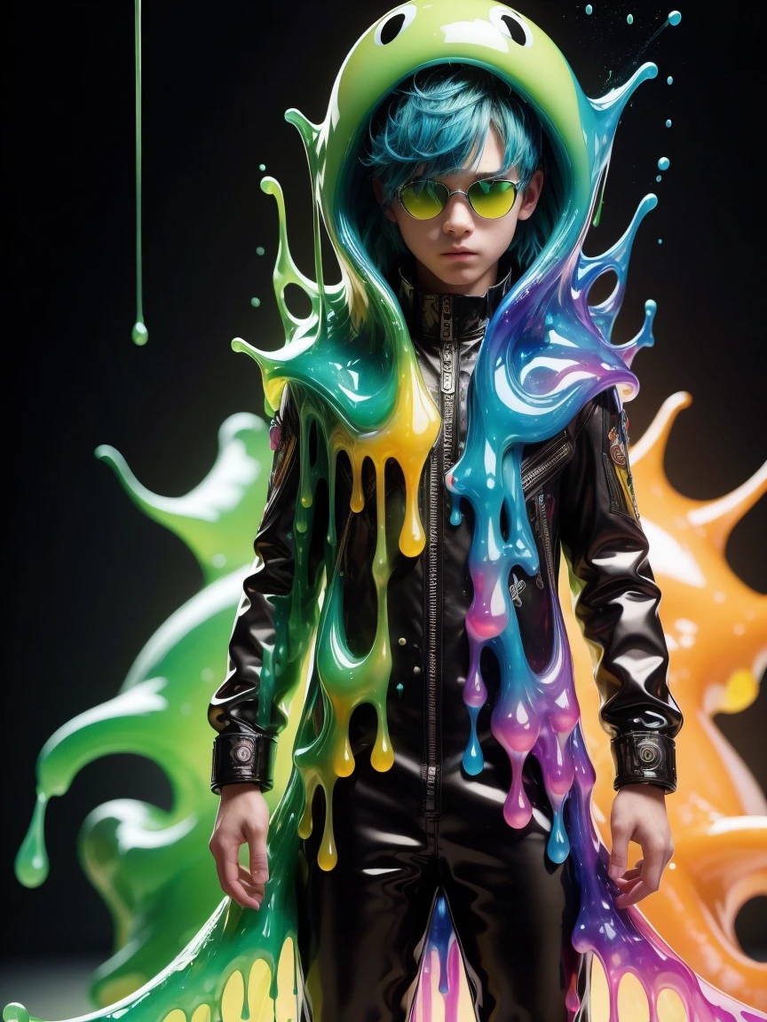 (high quality), (masterpiece), (detailed), 8k, hyperrealistic illustration showing (american boy 1.3) with striking features, dressed in a vibrant (slime outfit1.2)black color, that appears to ooze and wriggle around the upper part of your body. in the style of Takashi Murakami, trend in artstation.