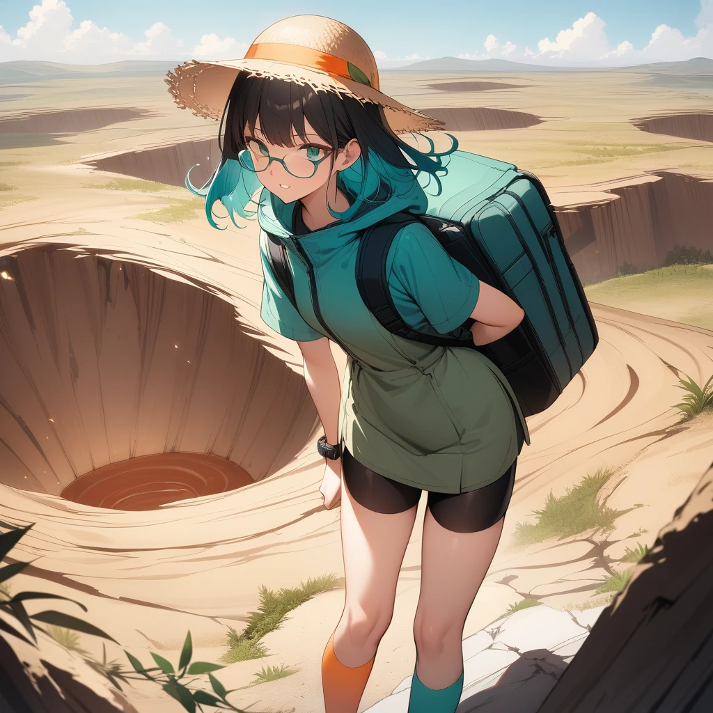 (masterpiece),(best quality),very aesthetic,(ultra-detailed),Collapsed civilization,(on top of the hill),nsfw,1girl,25yo,slender,tall,medium hair,black hair,natural wave hair,flipped hair,dark green eyes,comfortable,grin,(glasses,straw hat with leaf color ribbon:1.2),carrying a aqua blue rucksack, (thigh-high parka dress with gradient earth color,black bike shorts),short sleeves,Sneaker Shoes,short orange socks,broken wristwatch,a big crater in the wilderness,standing,leaning forward,wind,summer,sideways glance,cowboy shot