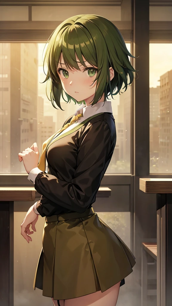 anime girl with green eyes and brown dress holding a yellow tie, makoto, tatsumaki, makoto shinka, steins;gate, steins ; gate, steins gate, iwakura lain, shinkai makoto, rin, makoto kano, female protagonist 👀 :8, female anime character, romanticism lain, anime moe artstyle