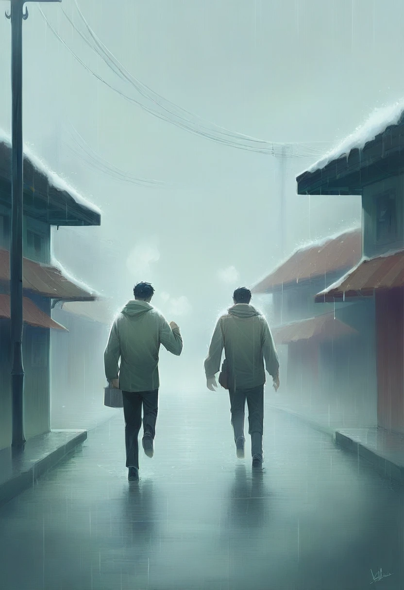 (station:1.5), A man running, in rain and mist,
A person exhaling visible breath in the cold,