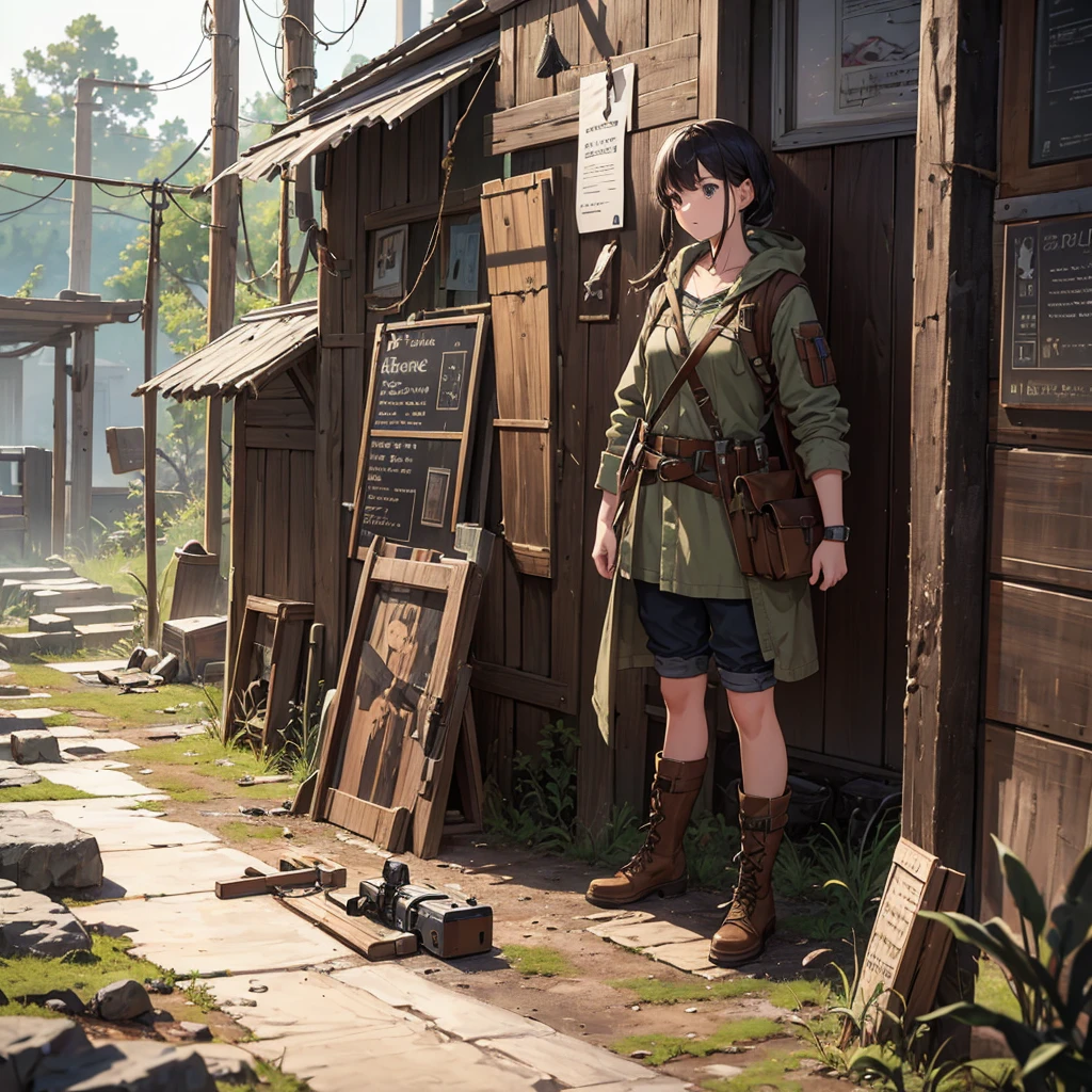 Design a character sheet that shows a young apocalypse survivor with all her equipment. On her belt, she carries a rusty knife, a coiled rope, and various improvised tools, such as a modified screwdriver. In her worn-out backpack, there is a broken flashlight, a map of the old world, and a journal with handwritten notes. Her combat boots are caked with dry mud and appear heavy, indicating long days of trekking through difficult terrain. Next to her, a handmade bow and arrow rest, showing her ability to survive by hunting in the wild. The design sheet details each piece of her equipment, highlighting the ingenuity needed to survive in a post-apocalyptic world.