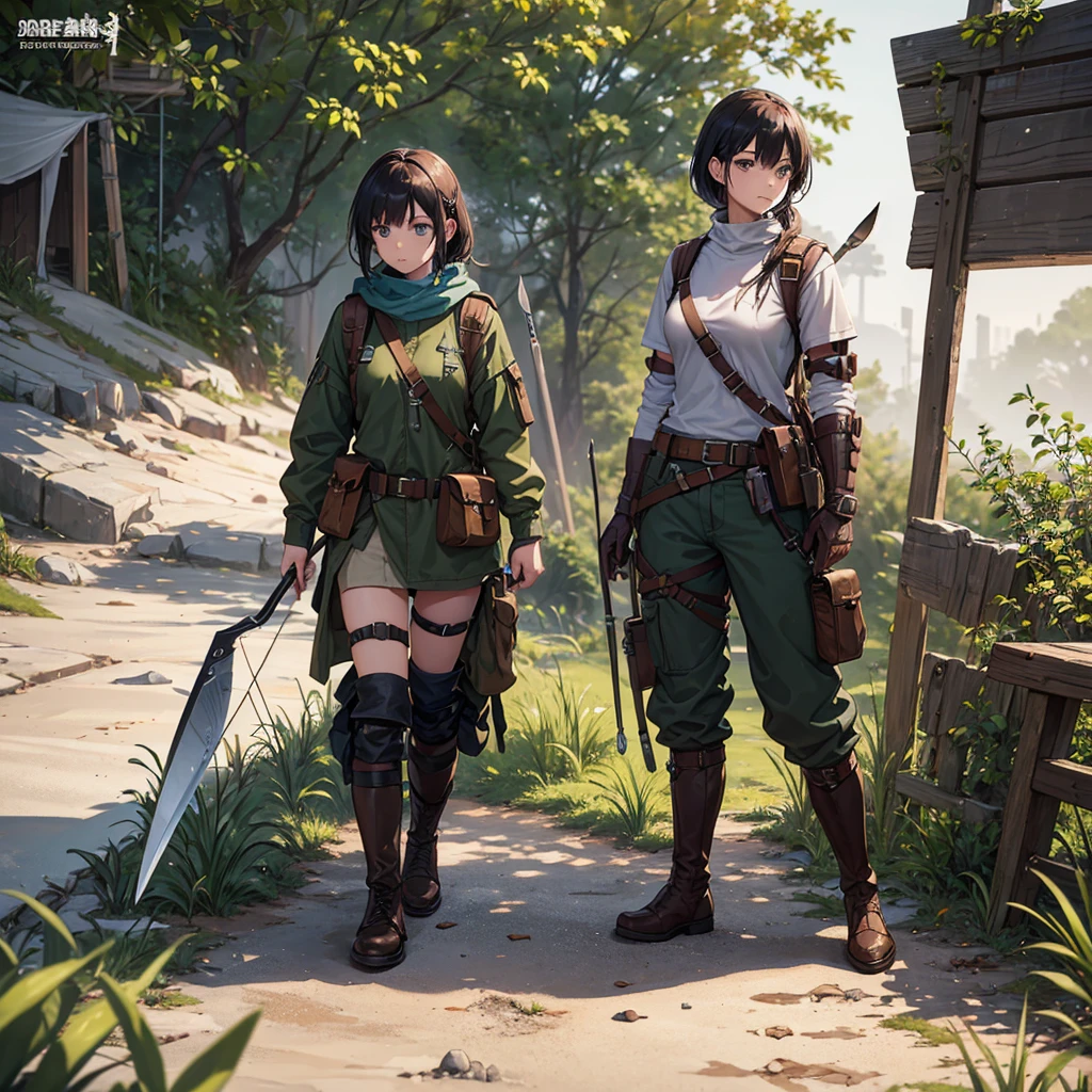 Design a character sheet that shows a young apocalypse survivor with all her equipment. On her belt, she carries a rusty knife, a coiled rope, and various improvised tools, such as a modified screwdriver. In her worn-out backpack, there is a broken flashlight, a map of the old world, and a journal with handwritten notes. Her combat boots are caked with dry mud and appear heavy, indicating long days of trekking through difficult terrain. Next to her, a handmade bow and arrow rest, showing her ability to survive by hunting in the wild. The design sheet details each piece of her equipment, highlighting the ingenuity needed to survive in a post-apocalyptic world.