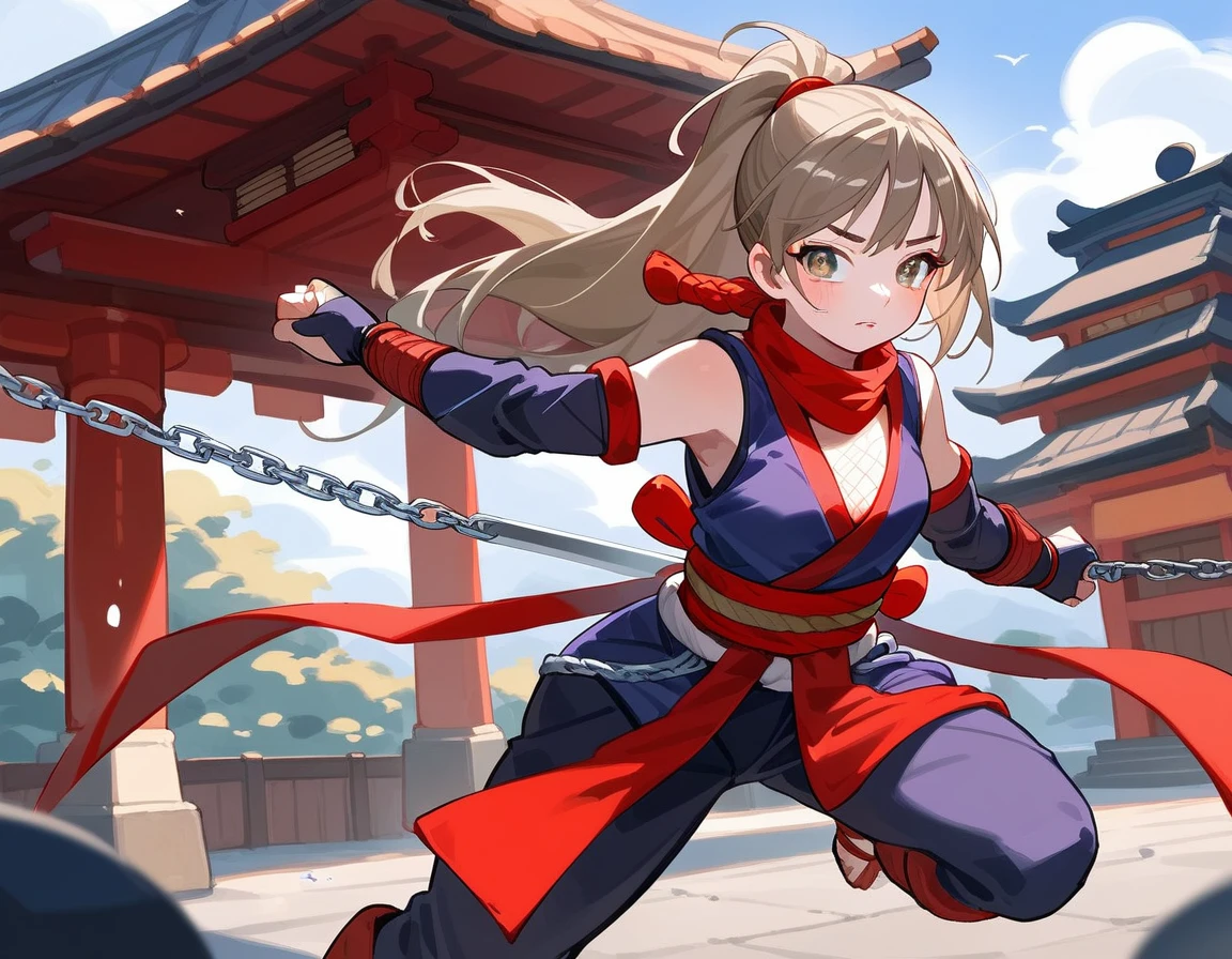 Light brown hair, long hair tied up, brandishing a long Japanese sword, female ninja, one girl, ninja costume, chain mail visible from chest, red-trimmed costume, ninja, running along the roof of a Japanese house in the middle of the night, Wear chain mail and then ninja attire over it