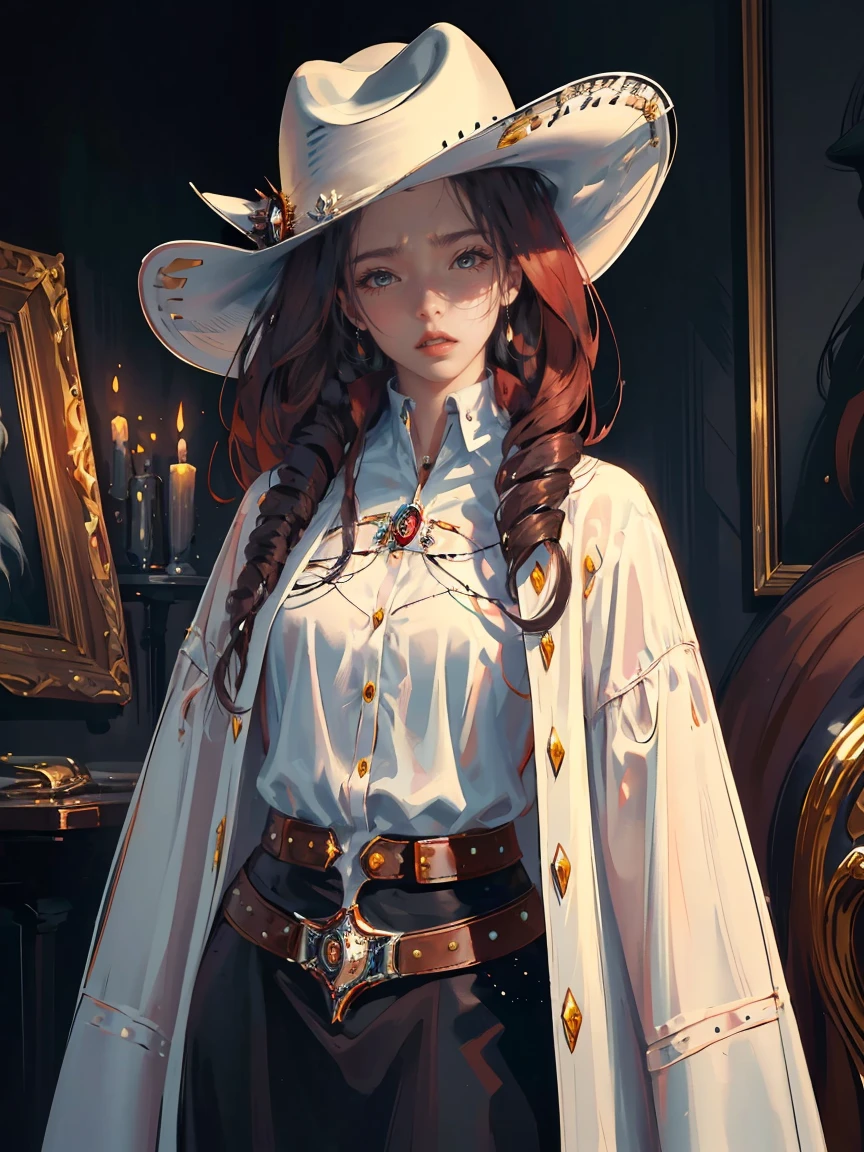 Long dark red hair, dark brown eyes, gloss lips, front look, close up, portrait, beautiful eyes, wearing a male white suit, big white, curly hair cut, clear skin, young 30 years girl, adult girl, solo, very long hair, ankle length hair, handsome older WOMAN,Hyperresolution,accuracy,Detailed rendering,(Image of fine hair)(topquality)(Masterpieces of masters)(High degree of completeness)(A sense of atmosphere)tmasterpiece,Super detailed and super detailed(((half-body portrait)))(((Older woman))) (((Western girl))), (((Cowgirl))) (((Cowboy hat))) (((Gunslinger)))(((Better hands)))(((Black outfit)))(((Dark brown eyes)))