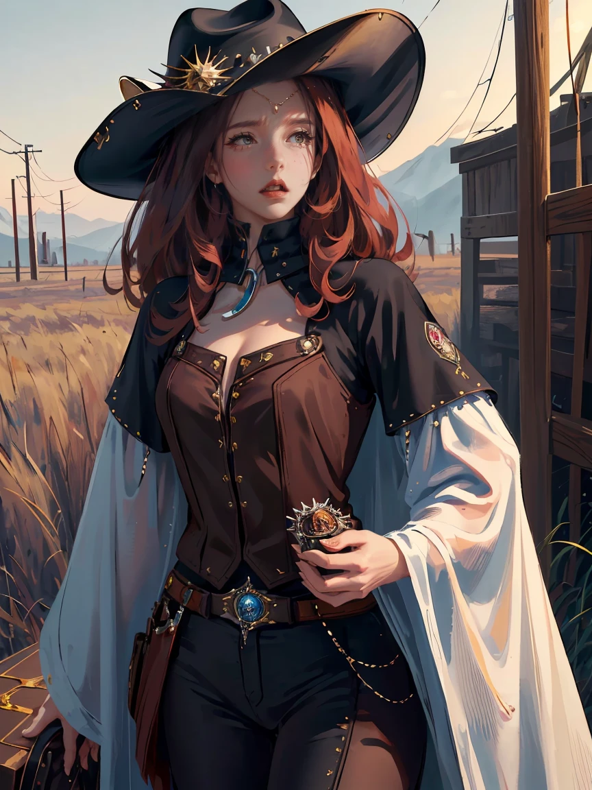 Long dark red hair, dark brown eyes, gloss lips, front look, close up, portrait, beautiful eyes, wearing a male white suit, big white, curly hair cut, clear skin, young 30 years girl, adult girl, solo, very long hair, ankle length hair, handsome older WOMAN，Hyperresolution，accuracy，Detailed rendering,（Image of fine hair）（topquality）（Masterpieces of masters）（High degree of completeness）（A sense of atmosphere）tmasterpiece，Super detailed and super detailed（((half-body portrait)))(((Older woman))) (((Western girl))), (((Cowgirl))) (((Cowboy hat))) (((Gunslinger)))(((Better hands)))(((Black outfit)))(((Dark brown eyes)))