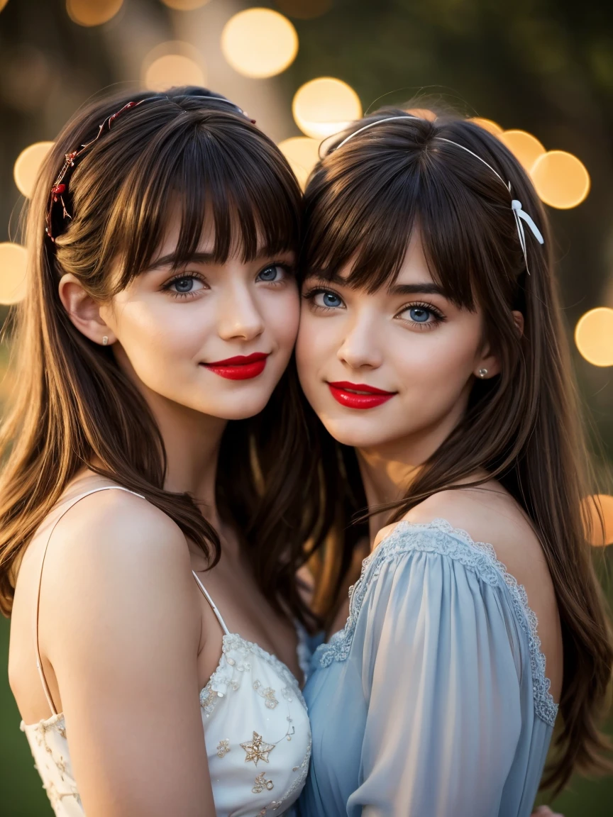 (extremely delicate and beautiful: 1.2), two girl is deeply in love with each other, kiss, Bangs, blue eyes, Blur, background blur, bow, brown hair, shut up, side glance, Hair between the eyes, Hair Bow, lantern, light particles, long sleeves, see, looking at the audience, Medium Hair, nighttime, red bow, Stars(symbol), upper-body, Smile, red-lips