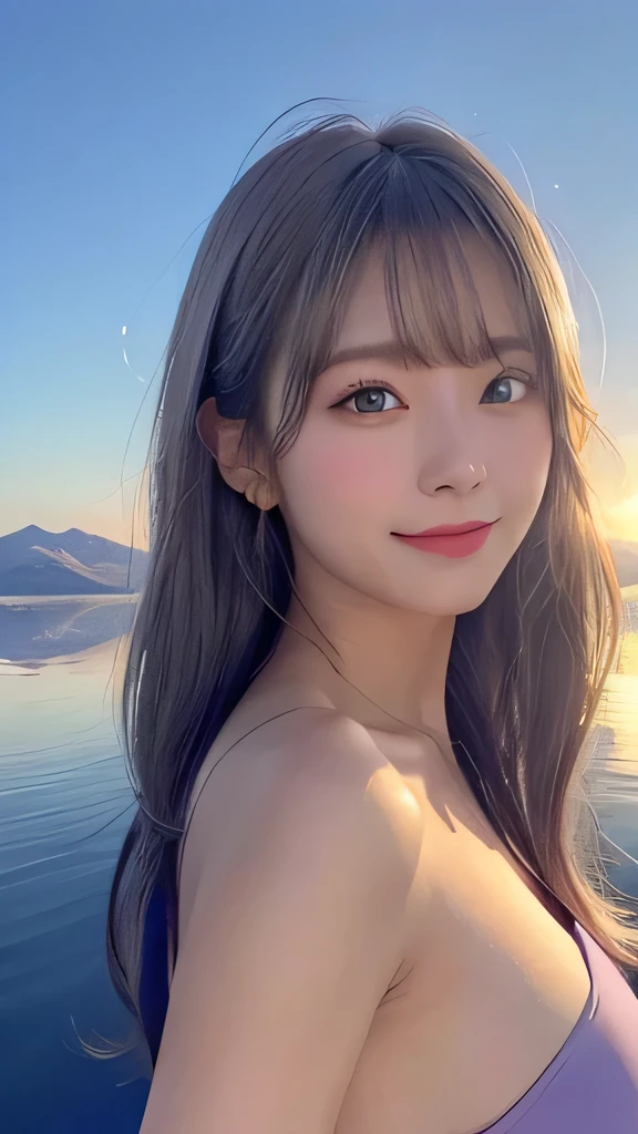 1 girl, masterpiece, Very detailed, (Beautiful and delicate shine), Lens flare, Gray Hair, Medium Long Hair, Floating Hair, think return, return, return, smile, blue eyes, naked, Big Breasts, Upper Body, Wide Shot, , ((Uyuni salt lake)), sunrise, cloud, returnlight, Purple Sky, Yellow Sky, Gradient Sky, ,Huge breasts,Looking at the audience