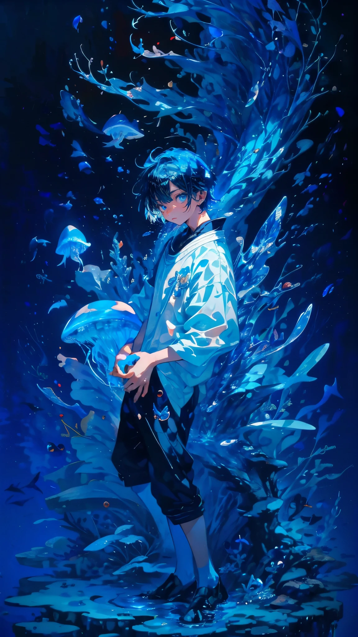 (Mastepiece), (Best Quality), Very detailed, 1 boy, Full body solo shot, Perfect Face, (Beautiful Boy:1.4), Very detailedな顔,(Blue short hair:1.5),(blue eyes:1.4),(In the water:1.4),Ocean,School of small fish,Light,jellyfish,Ocean藻,Red fish,Yellow fish,深Ocean,Fantasy