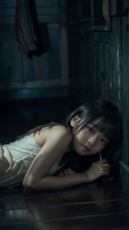 (((full body))), (((10 year old girl))), (((in dark cabin at night))), (((tired girl lying on bed))), Japanese, cute, dark hair, bobbed hair, (((faint lamp lighting))), straight face, no smile, uneasy expression, trainers and super mini skirt, horror movie scene, (((scary drama))) horror drama, high resolution, detailed drawing, award-winning, highest resolution, realistic, raw photo, 8K wallpaper