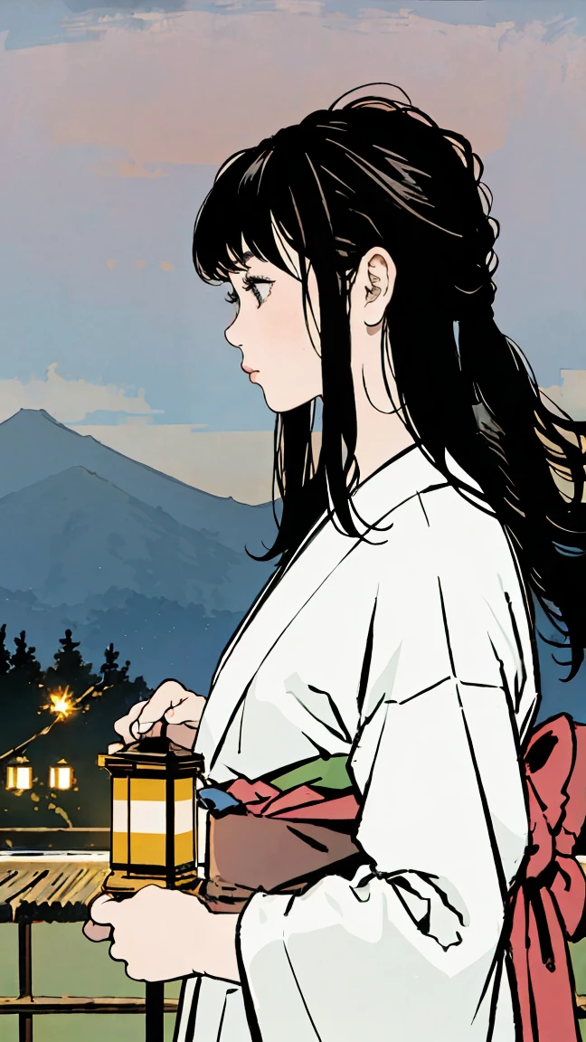 A beautiful girl in a traditional Japanese yukata standing in front of a shrine at night, her long black hair framing her delicate profile as she gazes up at the lantern light and fireworks bursting in the sky, with Mount Fuji silhouetted in the distance, (best quality,4k,8k,highres,masterpiece:1.2),ultra-detailed,(realistic,photorealistic,photo-realistic:1.37),detailed facial features,highly detailed eyes and face,delicate skin, intricate yukata pattern,glowing lantern light,vibrant fireworks display,serene night sky,silhouetted mountain,stunning landscape,cinematic lighting,warm color tones,muted colors,japanese aesthetic,traditional japanese architecture