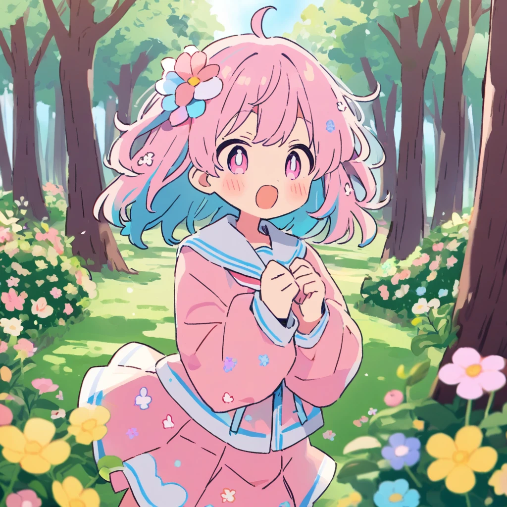  with colorful hair playing in a flowery forest, pastel colors, manga