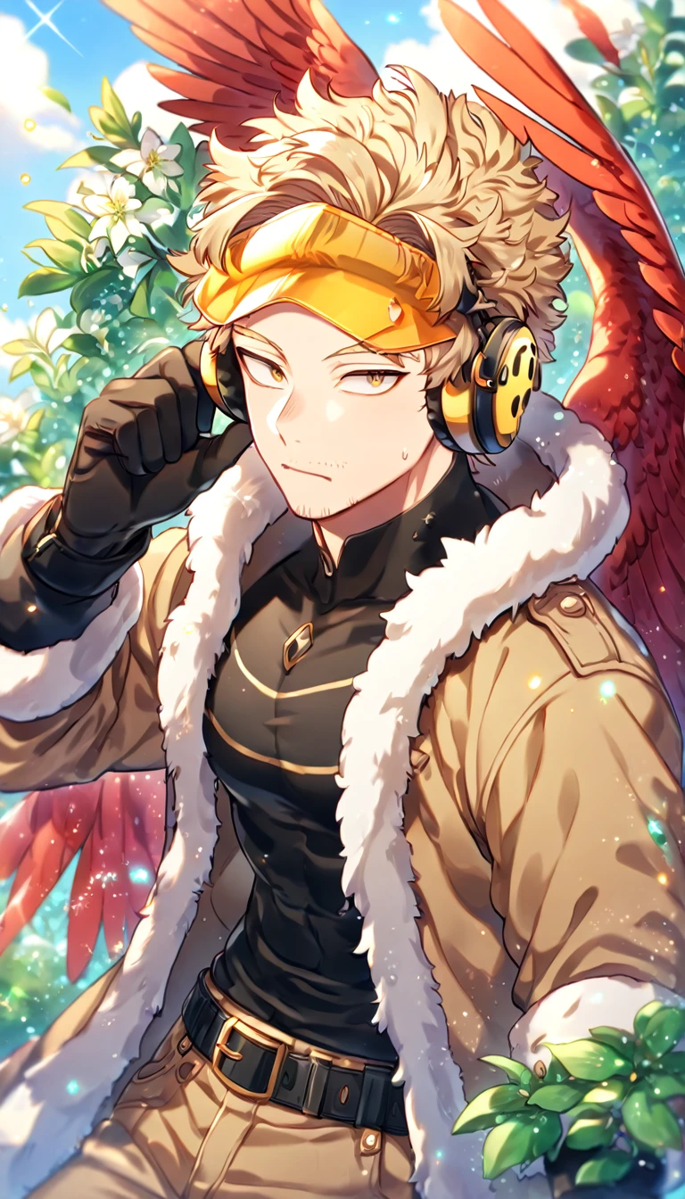Ultra detailed, HDR, Highres, absurdres, master piece, Hawks, ash blonde hair, expressive golden-brown eyes, faint stubble, red wings, brown coat with fur, black tight shirt, black belt, brown pants, black gloves, yellow visor, earmuffs, Boku No Hero Academia, sexy man, handsome, flowers, feathers, fantasy, magical, green leaves, summer, handsome, sensual, best quality, glittering, solo, manly man