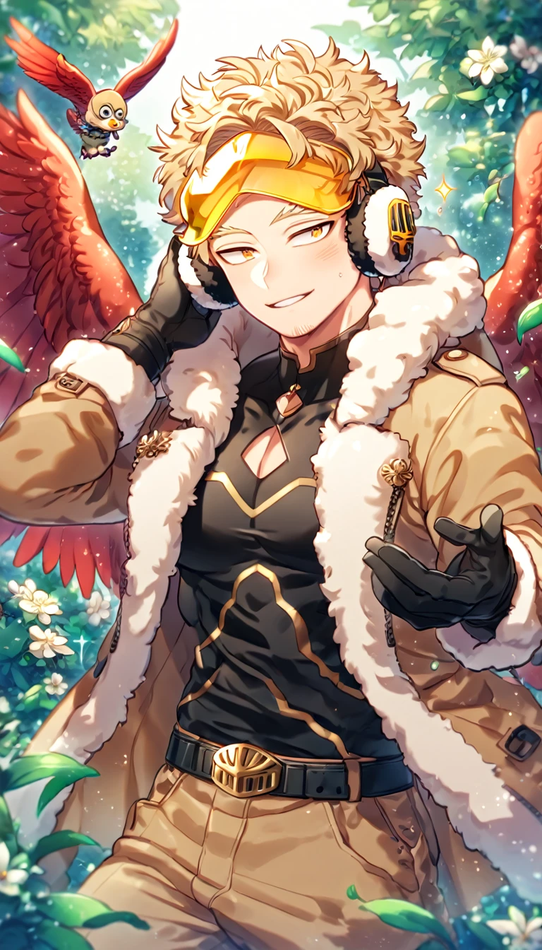 Ultra detailed, HDR, Highres, absurdres, master piece, Hawks, ash blonde hair, expressive golden-brown eyes, faint stubble, red wings, brown coat with fur, black tight shirt, black belt, brown pants, black gloves, yellow visor, earmuffs, Boku No Hero Academia, sexy man, handsome, flowers, feathers, fantasy, magical, green leaves, summer, handsome, sensual, best quality, glittering, solo, manly man