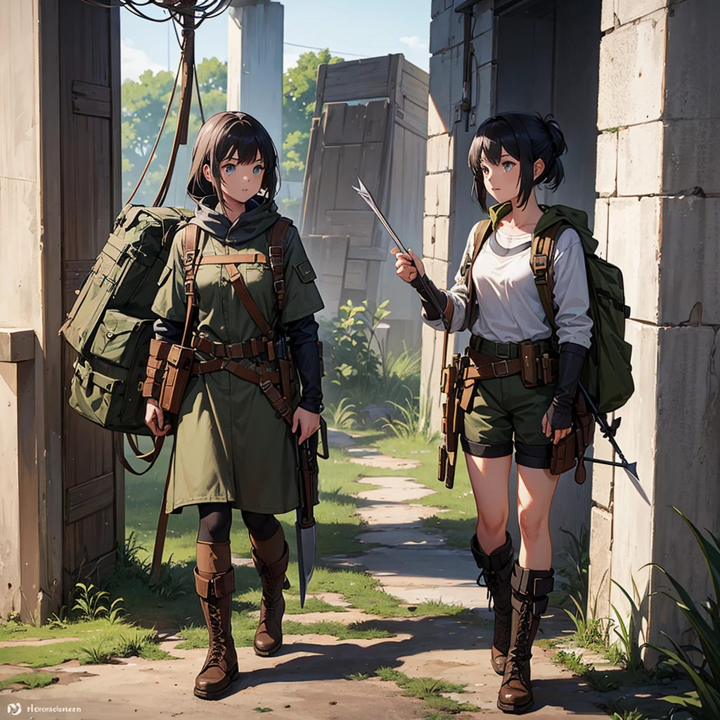 Design a character sheet that shows a young apocalypse survivor with all her equipment. On her belt, she carries a rusty knife, a coiled rope, and various improvised tools, such as a modified screwdriver. In her worn-out backpack, there is a broken flashlight, a map of the old world, and a journal with handwritten notes. Her combat boots are caked with dry mud and appear heavy, indicating long days of trekking through difficult terrain. Next to her, a handmade bow and arrow rest, showing her ability to survive by hunting in the wild. The design sheet details each piece of her equipment, highlighting the ingenuity needed to survive in a post-apocalyptic world.