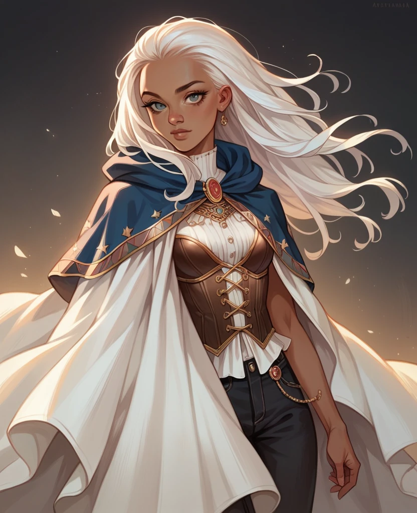 ((best quality)), ((masterpiece)), (detailed), 1girl, mixed race girl, African American + Caucasian girl with lighter skin, young woman, beautiful, skinny, white hair, modern western attire, cloak, wearing casual clothes underneath cloak, black pants, corset top
