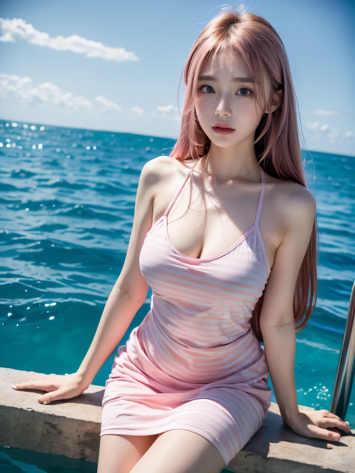 masterpiece, Highest quality,16K, Ultra-high resolution,The light and shadow of reality,Cinema Lenses,((She is wearing a pink tartan camisole dress.)),((Enjoy swimming in the sea)),Ocean background、(Sexy pose),(Beautiful Eyes:1.1), ((Medium shot scene,whole body)),Reflecting clear eyes and a gentle smile,Very detailed,(Beautiful pink hair, Beautiful eyes, Long Hair, )