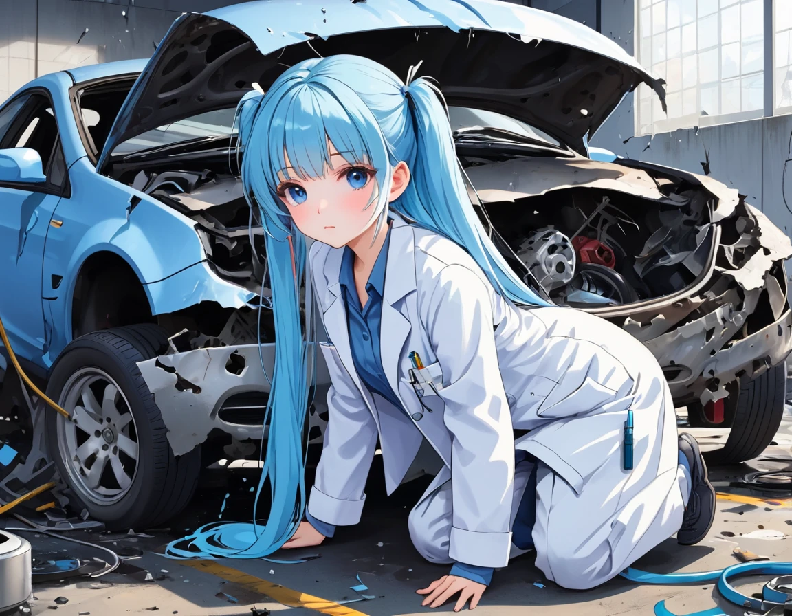 Light blue long hair、Beautiful girl with twin tails、Car crash experiment in lab coat、Serious face、The car crashed into a wall and was destroyed、Measuring a wrecked car with a large measuring machine