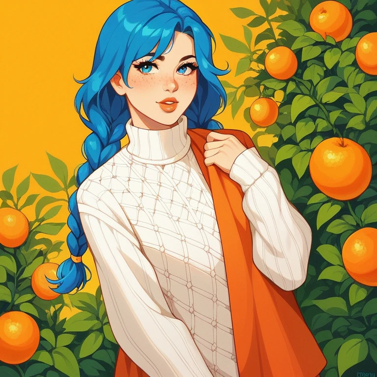 1 girl, Blue hair version dress, cable mesh, aretes, eyelash, takeout, freckles, fruta, blue colored eyes, jewerly, lips, long hair, long sleeves, looking ahead at viewer, mandarin orange, orange \(fruta\), orange slice,white strap dress with flowers, orange theme, standing alone, sweater, twin braids, trunk