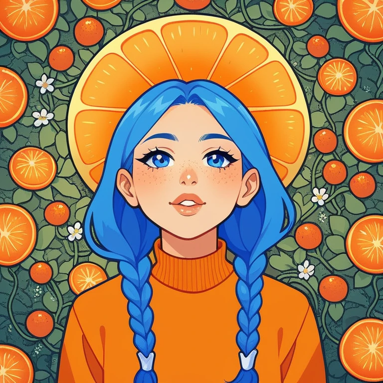 1 girl, Blue hair version dress, cable mesh, aretes, eyelash, takeout, freckles, fruta, blue colored eyes, jewerly, lips, long hair, long sleeves, looking ahead at viewer, mandarin orange, orange \(fruta\), orange slice,white strap dress with flowers, orange theme, standing alone, sweater, twin braids, trunk