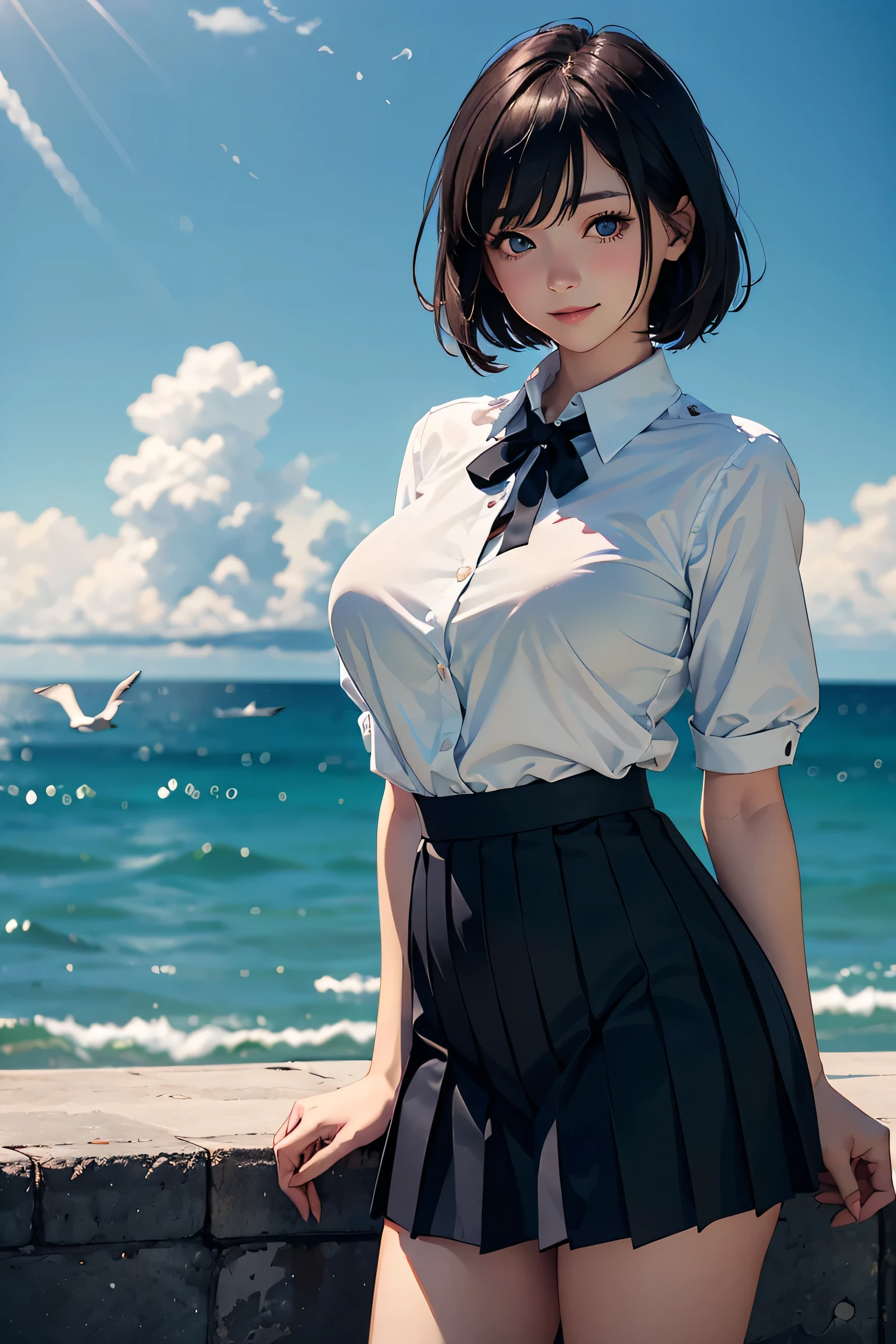 (masterpiece:1.2, Highest quality), (Realistic photos), Beautiful illustrations, (Natural side lighting, Cinema lighting),High detail、1 girl, Japanese、20-year-old female, Perfect Face, Symmetrical cute face, Glowing Skin, (bionde、short hair), Dark blue eyes, (Huge breasts:1.2), Slender build, Flowing bangs、Beautiful Hair, Beautiful Face, Fine and beautiful eyes, Beautiful body, Beautiful breasts, (White collared shirt、Small black ribbon、Navy blue pleated skirt),smile、Blushing、stand、port、Ocean、Breakwater、White Bird、White cloud、whole body