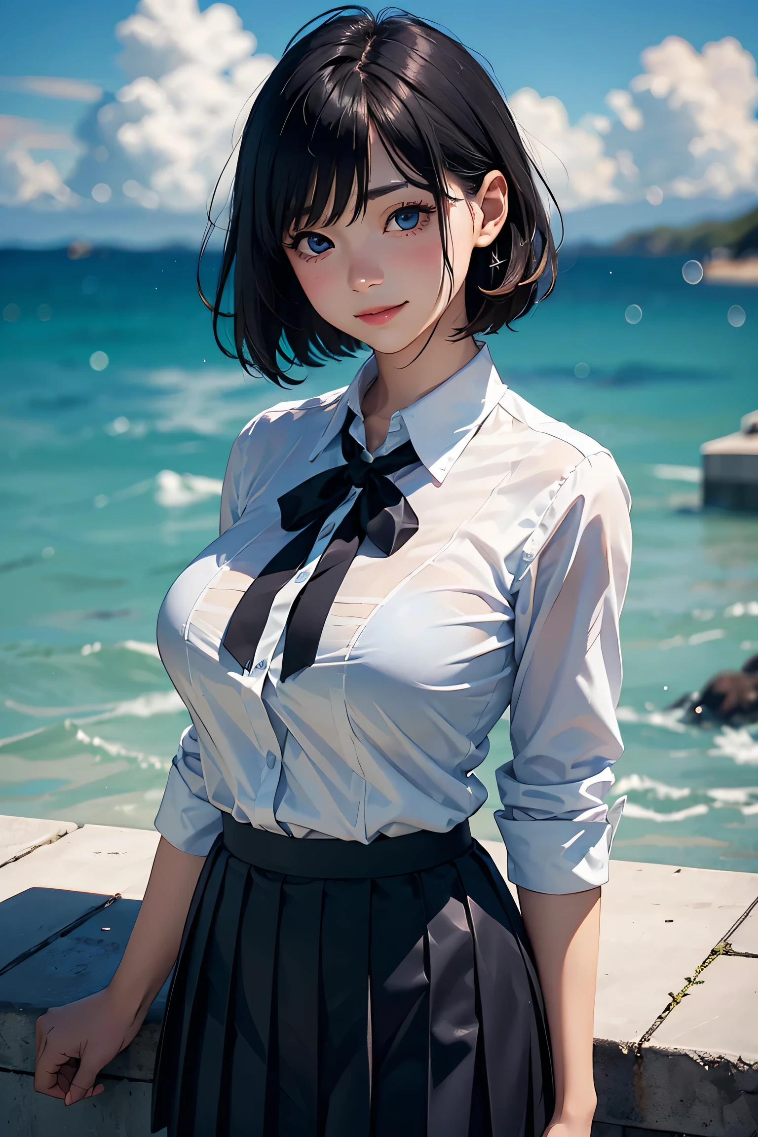 (masterpiece:1.2, Highest quality), (Realistic photos), Beautiful illustrations, (Natural side lighting, Cinema lighting),High detail、1 girl, Japanese、20-year-old female, Perfect Face, Symmetrical cute face, Glowing Skin, (bionde、short hair), Dark blue eyes, (Huge breasts:1.2), Slender build, Flowing bangs、Beautiful Hair, Beautiful Face, Fine and beautiful eyes, Beautiful body, Beautiful breasts, (White collared shirt、Small black ribbon、Navy blue pleated skirt),smile、Blushing、stand、port、Ocean、Breakwater、White Bird、White cloud、whole body