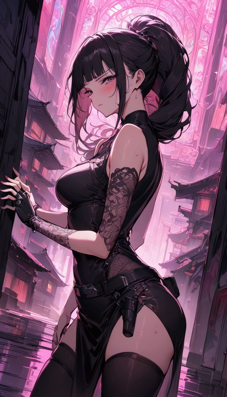 Dynamic composition,dutch angle,from side,{{masterpiece}}, {{{Highest quality}}},{{Very detailed}},{{Fight}},{{fighting stance:1.6}},{{critical situation:1.6}},{{hold down one's stomach with one's hands:1.6}},1girl,30years old,{Mature Woman}},cyberpunk,{{RED Chinese clothing:1.2}},Red short sleeves Chinese dress,pelvic curtain,black stockings,belt,black fingerless gloves,Lace arm covers,holster,{{Grit your teeth:1.4}},one eye closed, ,{{v-shaped eyebrows}},Bad mood,blush,Sweat,raise one's eyebrows ,{{View your viewers}}、straight long hair ,blunt bangs.abdominal pain ,{{pain}},Inside the dojo,indoor