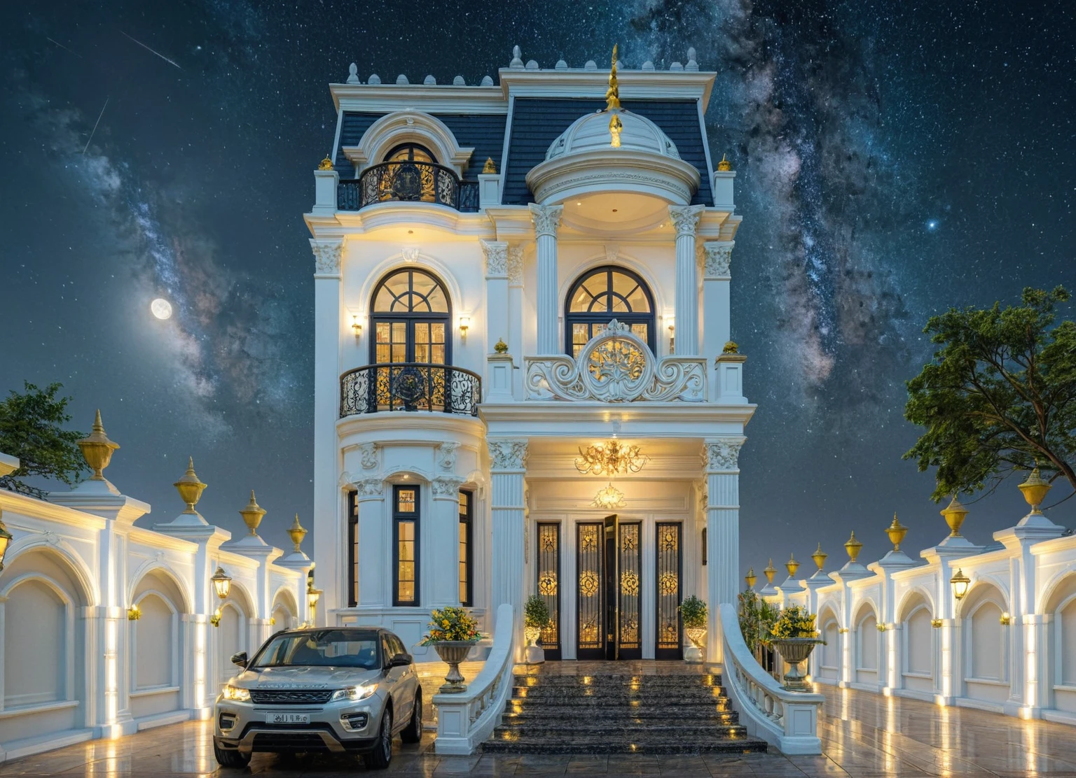 ((masterpiece)), (((best quality))), ((extremely detailed)), neo classical villa on street, white tone and dark roof, twinkle (gold detail:1.2), nightlight, Milky Way Sky